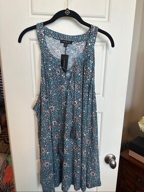 Lane Bryant Teal and Pink Printed Tank with Tassel Tie